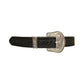 This is our STRAIGHT black leather belt with waffle tooling. It comes with a silver belt buckle and silver belt loop.