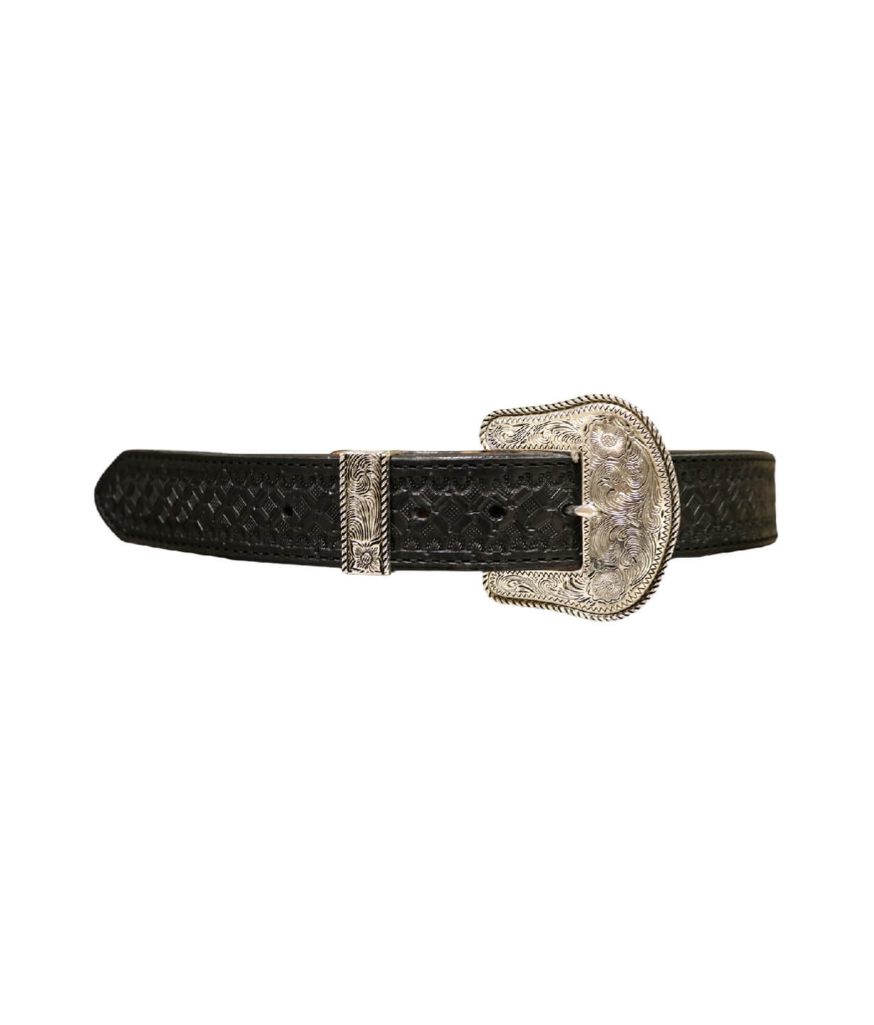 This is our STRAIGHT black leather belt with waffle tooling. It comes with a silver belt buckle and silver belt loop.
