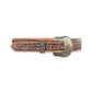 This is our TAPERED golden leather belt with waffle tooling and an antique finish. It comes with a silver belt buckle and silver belt loop.
