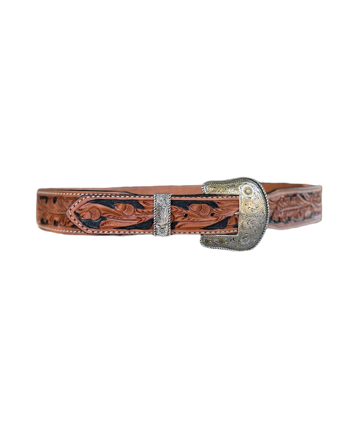 This is our TAPERED golden leather belt with black painted background and acorn tooling. It comes with a silver belt buckle and silver belt loop.  