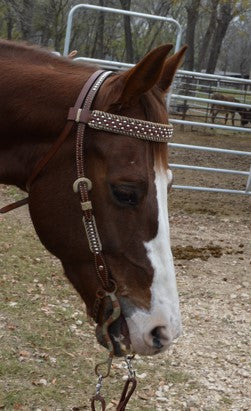2614-TP 1" Straight browband headstall toast leather with rawhide Spanish lace hardware, braided loops, and spots
