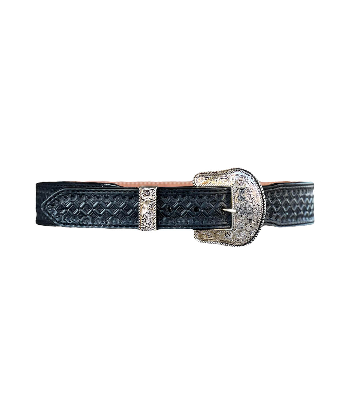 This is our TAPERED black leather belt with waffle tooling. It comes with a silver belt buckle and silver belt loop.