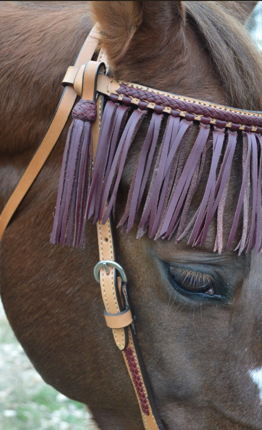 2F15-LC 3/4" Straight browband headstall golden leather with latigo braiding, fringe, and tassels