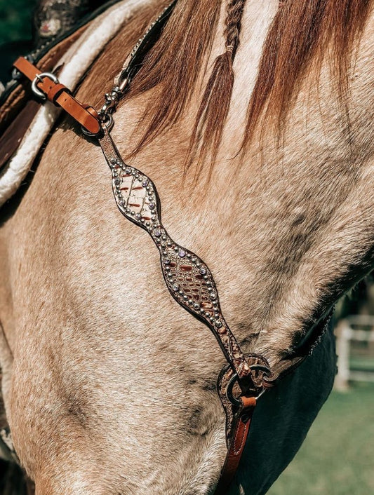 3065-JGB 2" Scalloped breast collar golden leather brown gator overlay with crystals and spots