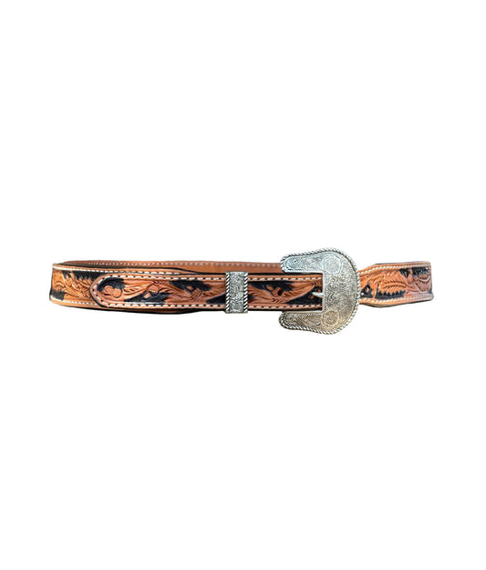 This is our women's TAPERED golden leather belt with black painted background and mini acorn tooling. It comes with a silver belt buckle and silver belt loop.  
