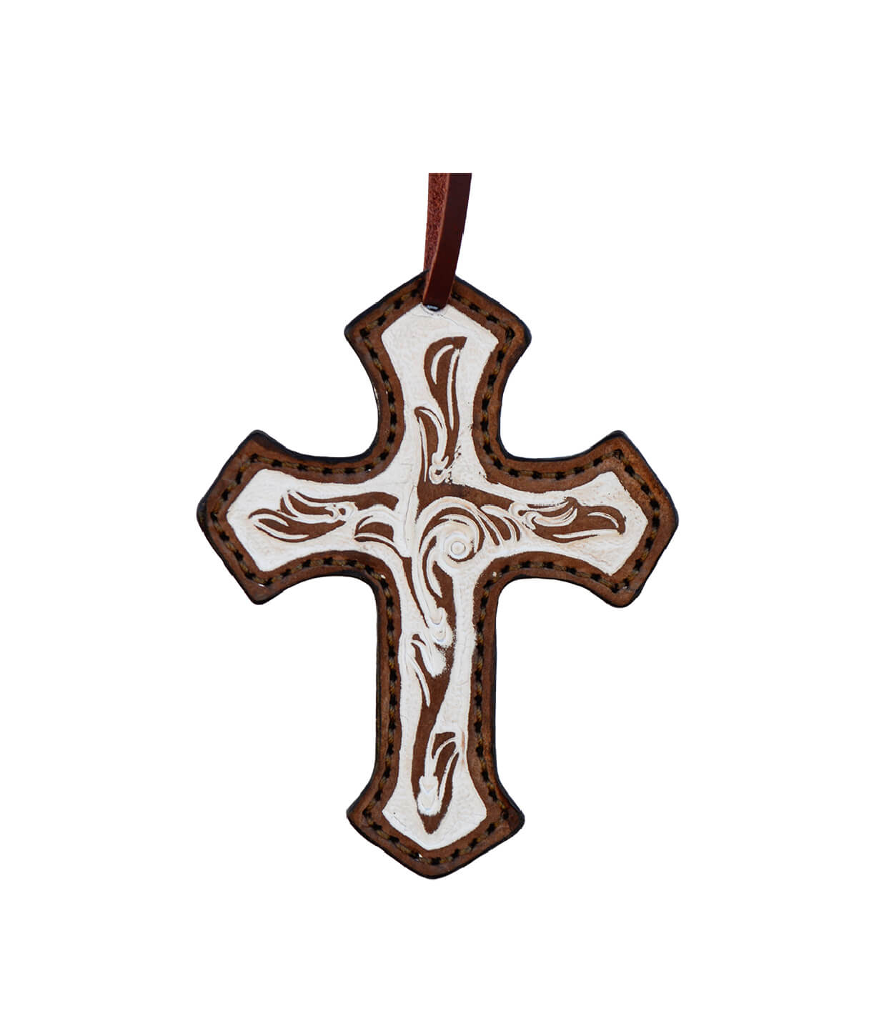 Cross rough out chocolate leather floral tooled with ivory rustic background paint.