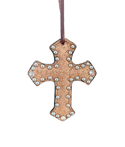 108-JC Cross chocolate leather copper crackle overlay with crystals and spots