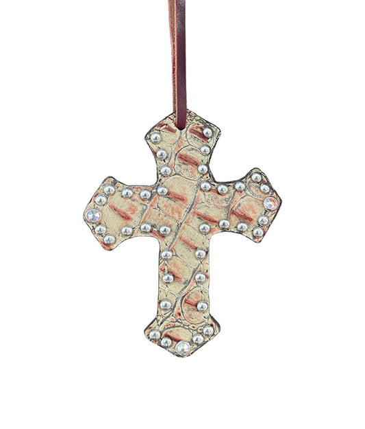 108-JGB Cross golden leather brown gator overlay with crystals and spots