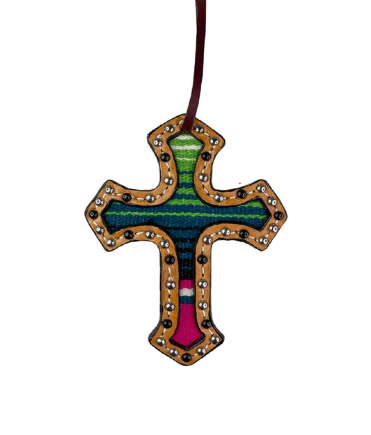 Cross golden leather serape inlay with black and SS spots (serape color may vary).