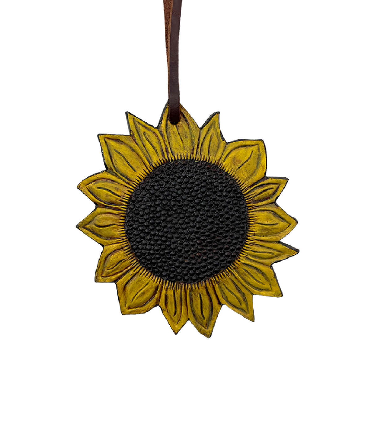 Charm golden leather sunflower tooling with brown background paint and an antique finish.