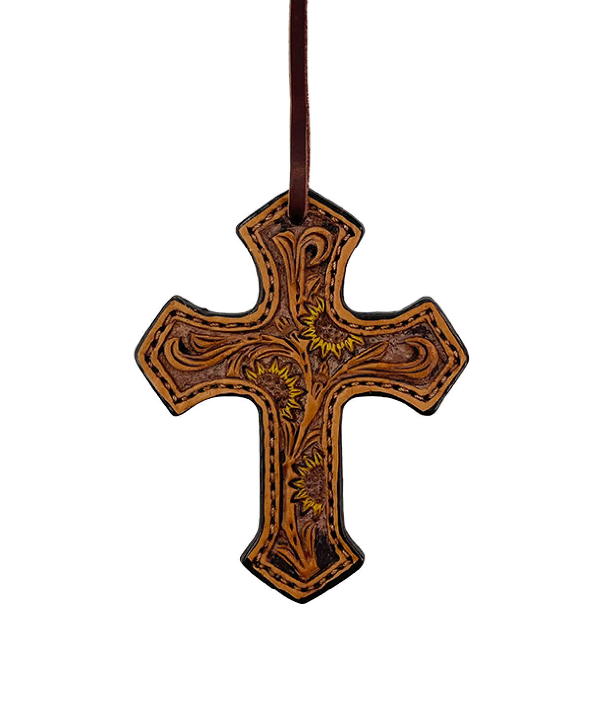 Cross golden leather sunflower tooling with brown background paint and an antique finish.