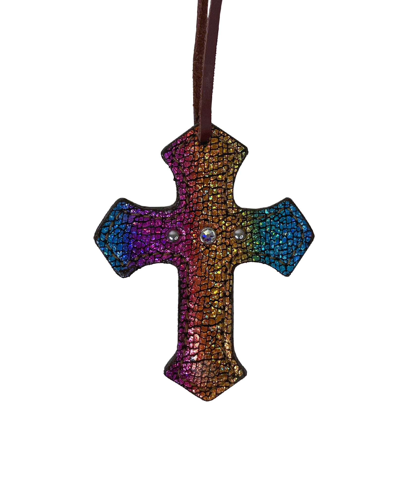Cross toast leather unicorn overlay with Swarovski crystals and SS spots.