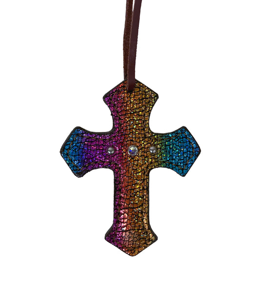 Cross toast leather unicorn overlay with Swarovski crystals and SS spots.