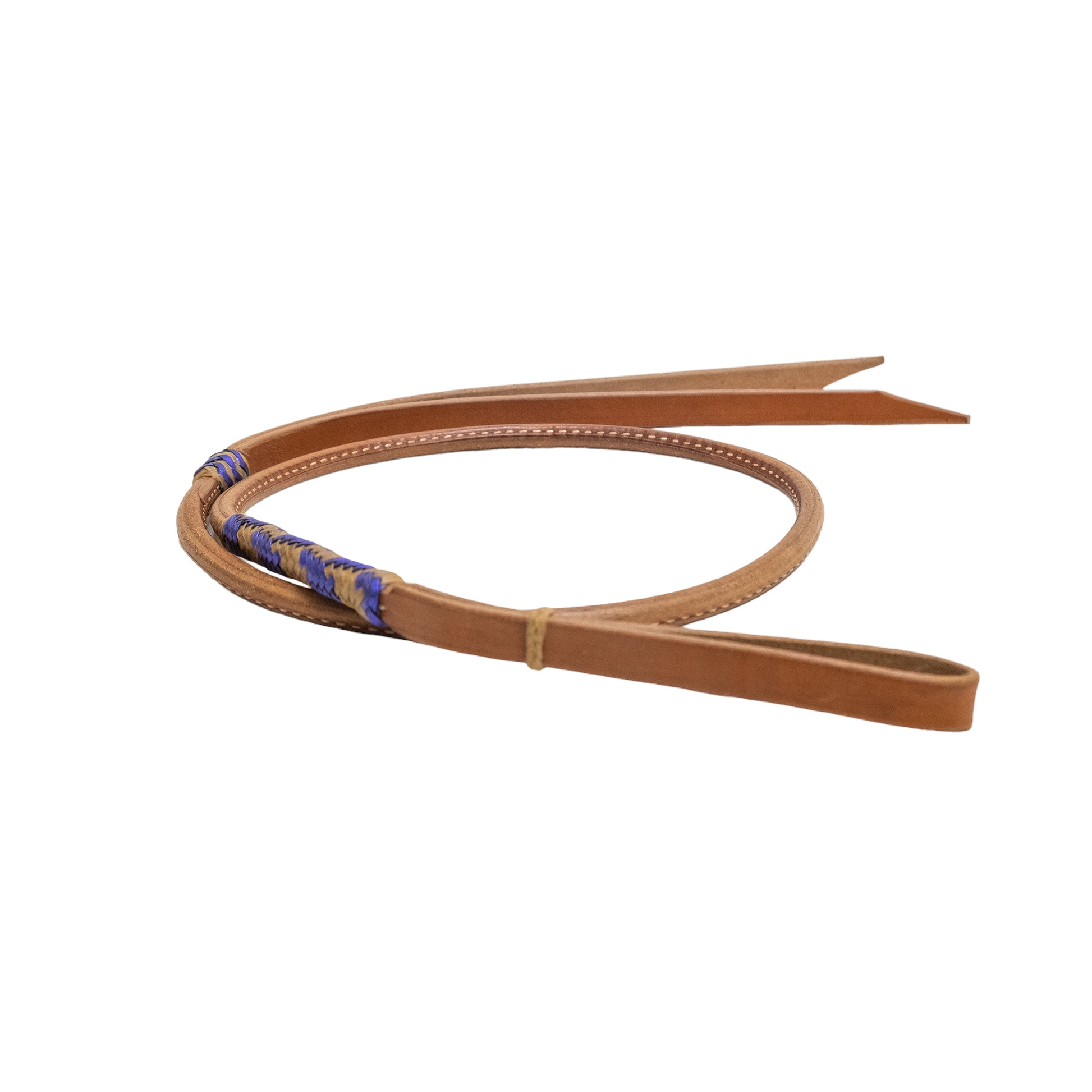 Over & under harness leather with natural rawhide and metallic purple braiding. 