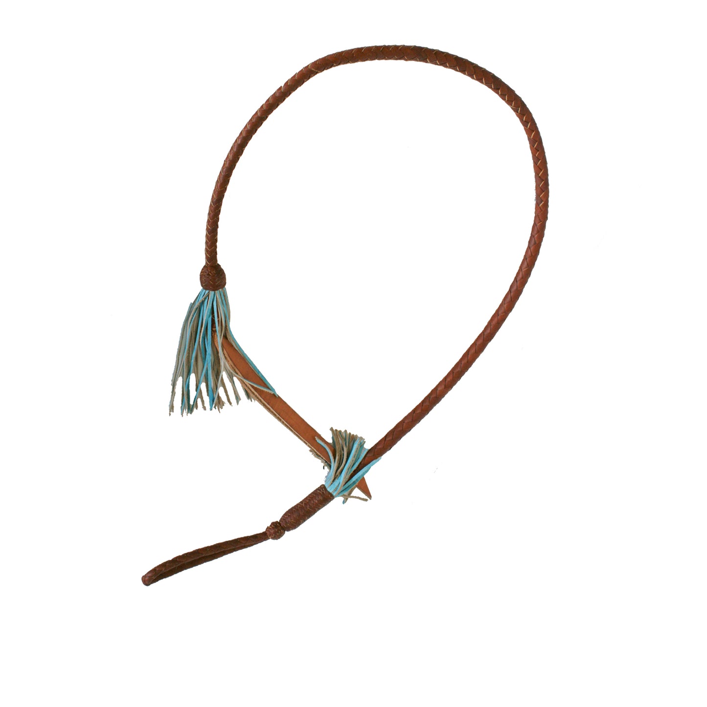 Over & under leather plaited with turquoise fringe. 