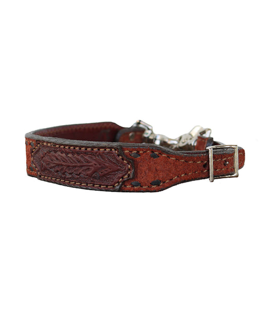 200-AO Wither strap rough out toast leather with tooled patch and buckstitch