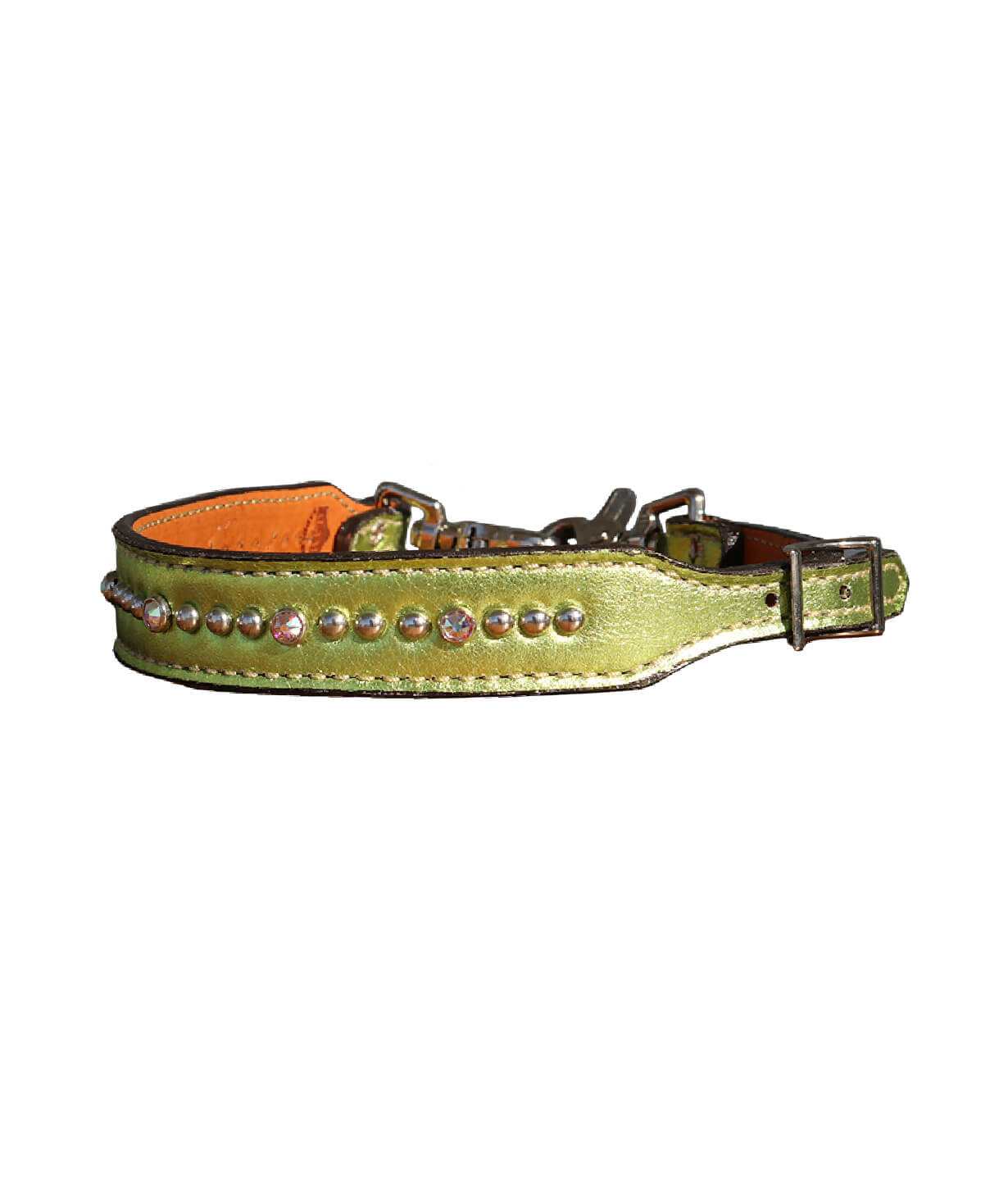 200-JL Wither strap lime green metallic overlay with crystals and spots
