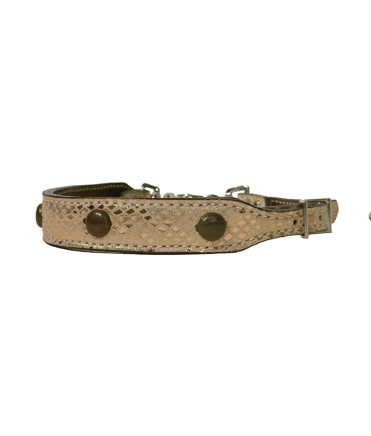 Wither strap chocolate leather mystic overlay with copper antique spots.