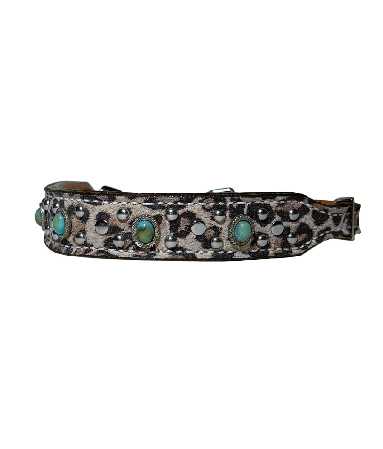 Wither Strap rough out golden leather turquoise cheetah with turquoise stones and SS spots.