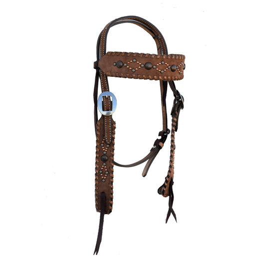 1-1/2" Straight cowboy browband headstall wide cut rough out chocolate leather with copper crackle whip lace, copper antique, copper, and patina spots.
