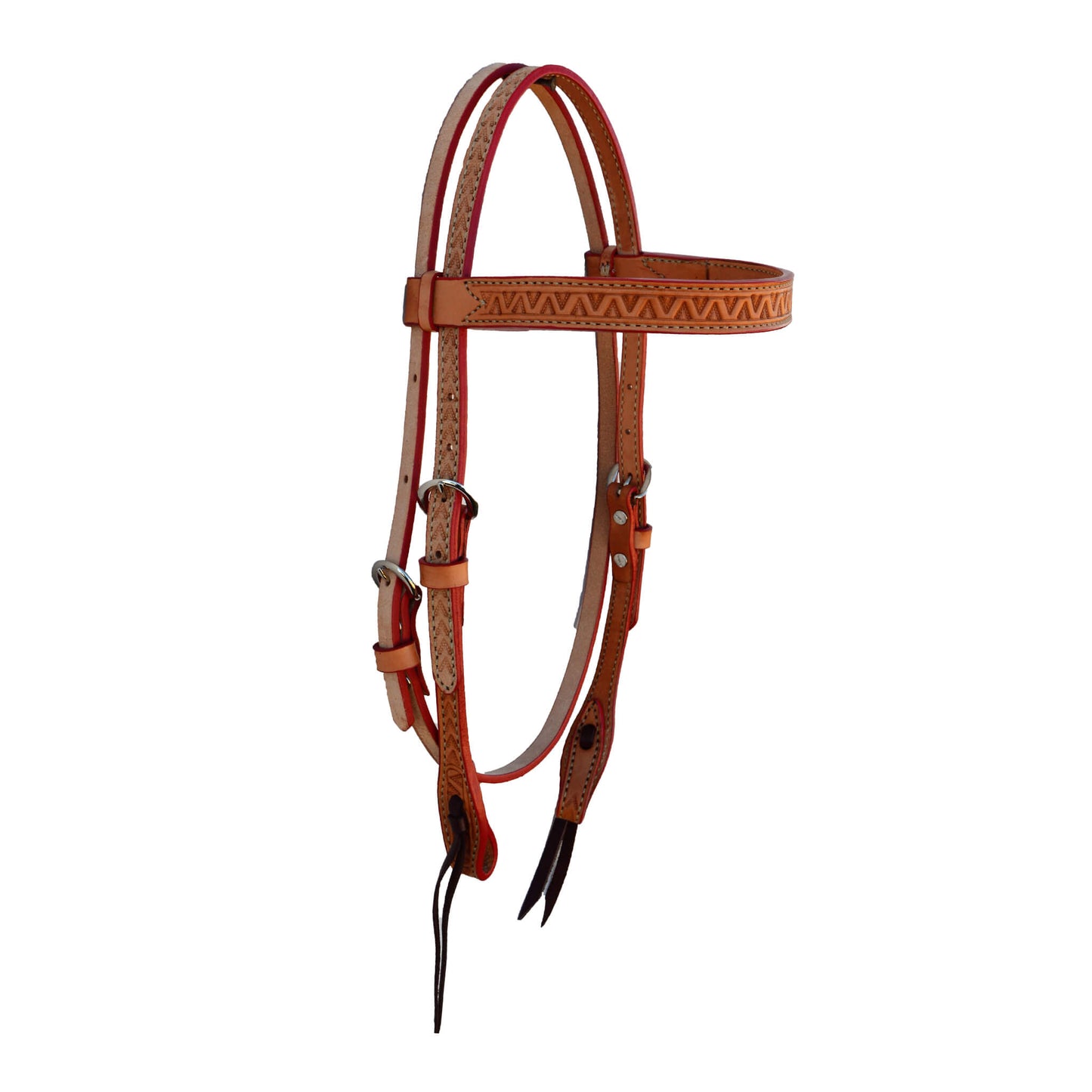 1" Straight browband headstall golden leather V shape tooling with red ink.