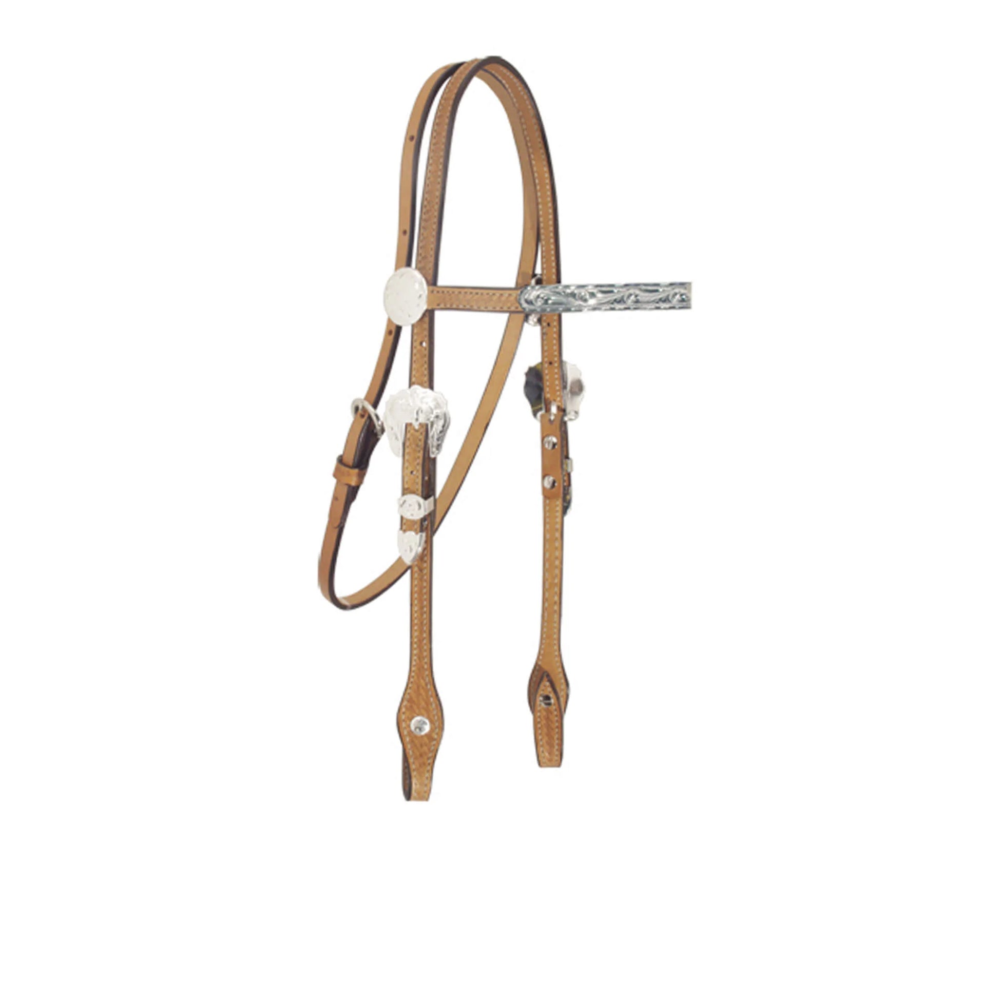 1/2" Straight browband headstall golden leather basket tooled with silver bars and silver hardware.