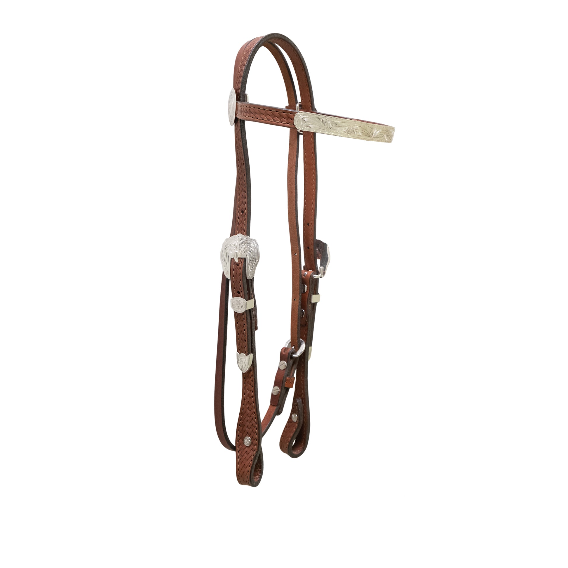 1/2" Straight browband headstall toast leather basket tooled with silver.