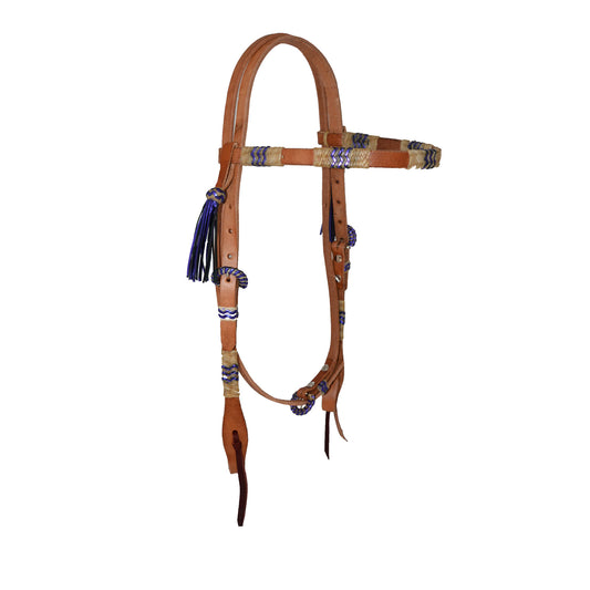1/2" Straight browband headstall harness leather rawhide and metallic purple braiding with Spanish lace hardware, braided loops, and tassels.