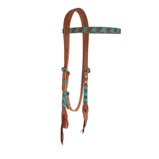 1/2" Straight browband headstall harness leather teal and rawhide braiding, Spanish lace hardware, braided loops, and tassels.