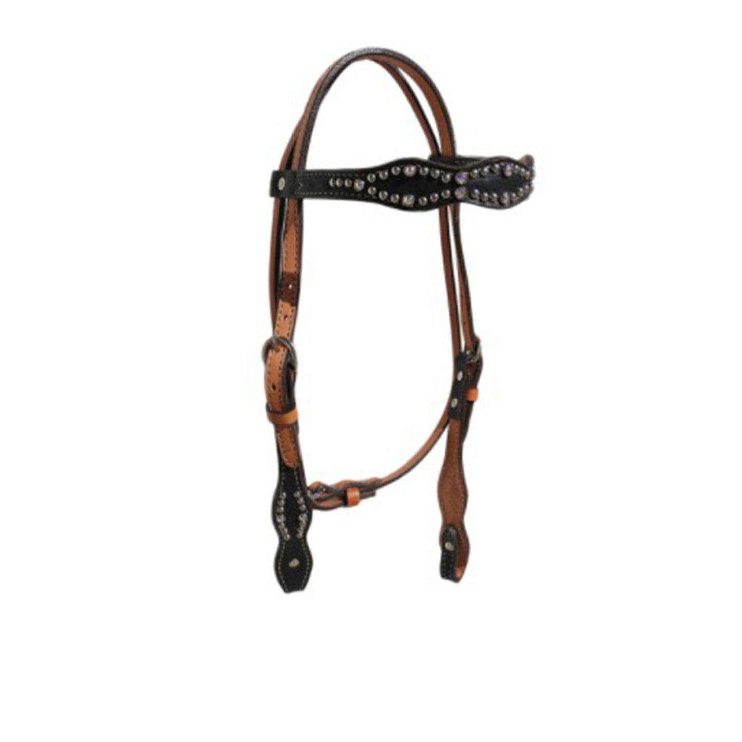  1/2" Scalloped browband headstall golden leather black gator overlay with swavorski crystals and SS spots.