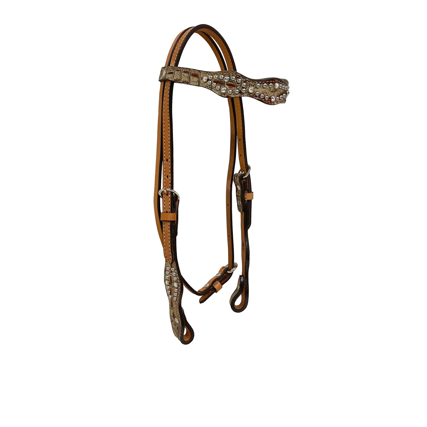 1/2" Scalloped browband headstall golden leather brown gator overlay with swavorski crystals and SS spots.