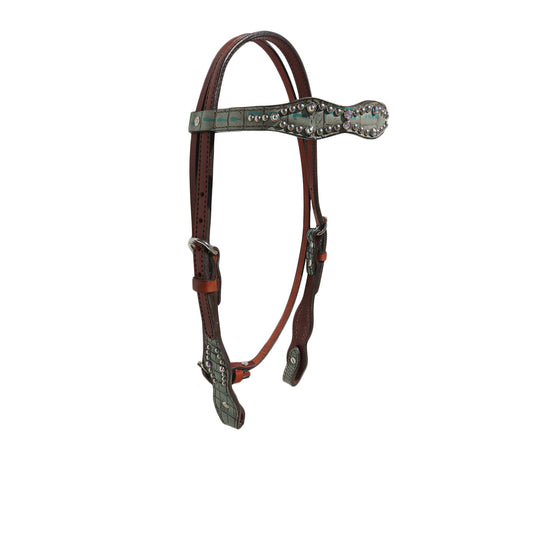2037-JGT 1-1/2" Scalloped browband headstall golden leather turquoise gator overlay with crystals and spots