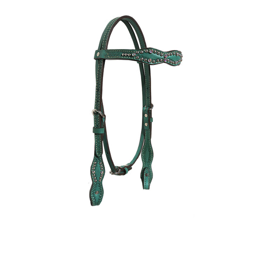 2037-JQ 1-1/2" Scalloped browband headstall turquoise leather with border shell tooling, crystals, and spots