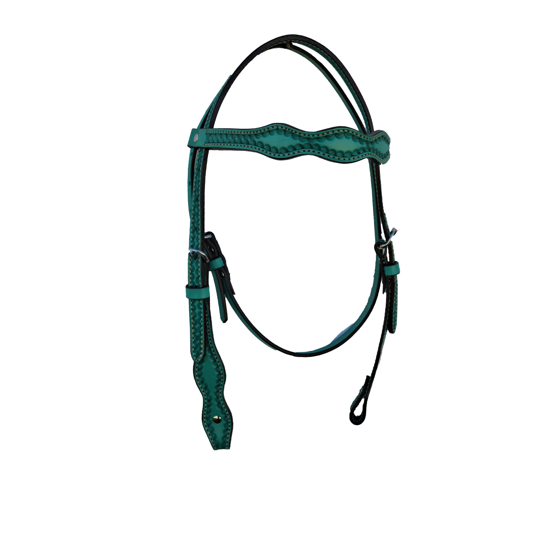 1/2" Scalloped browband headstall turquoise leather border shell tooling (color may vary).