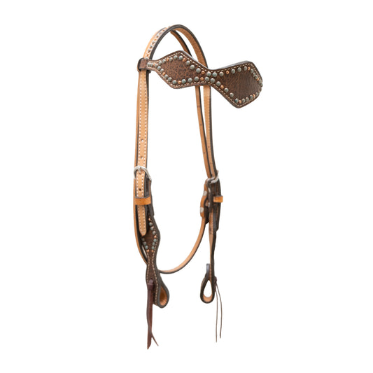 1/2" Diamond browband headstall rough out golden leather redwood elephant overlay with patina spots and copper spots.