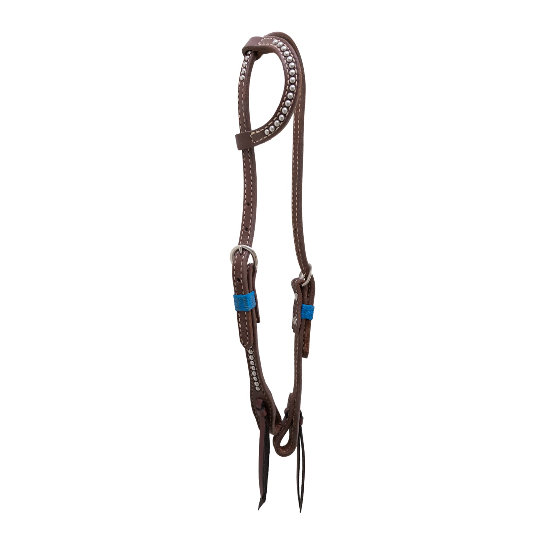 5/8" Flat one ear headstall heavy oiled harness leather with teal loops and spots. 