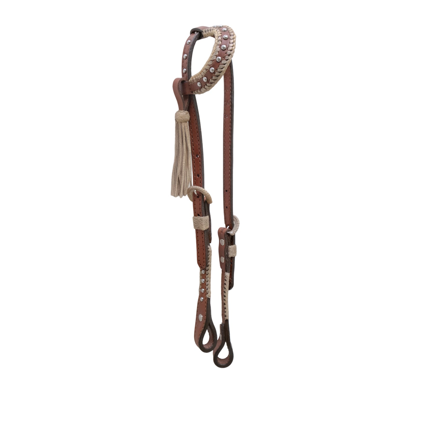 5/8" Flat one ear headstall toast leather with rawhide Spanish lace, Spanish lace hardware, braided loops, and SS spots.