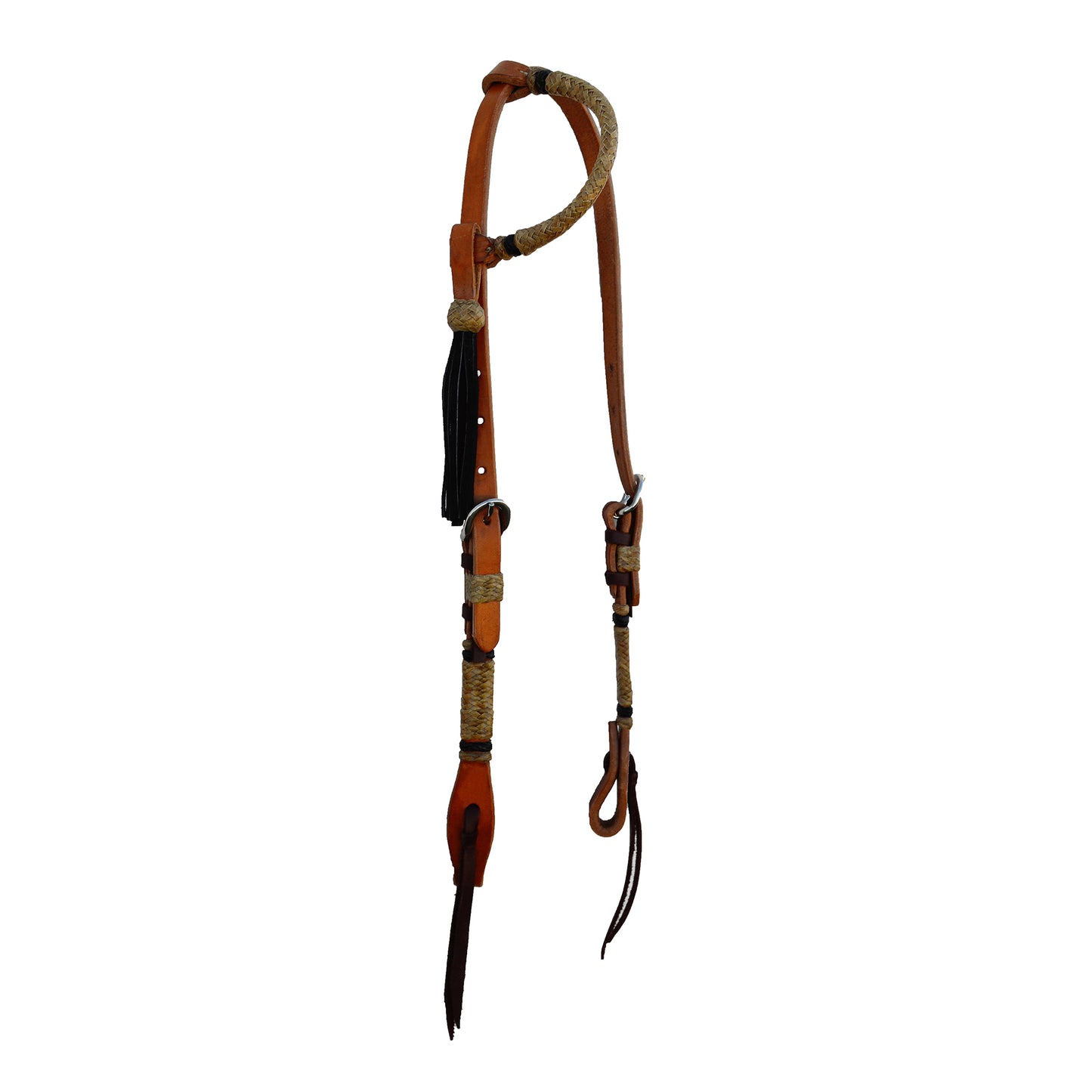 5/8" round one ear headstall harness leather rawhide and black braided stripes with braided loops and black tassel.