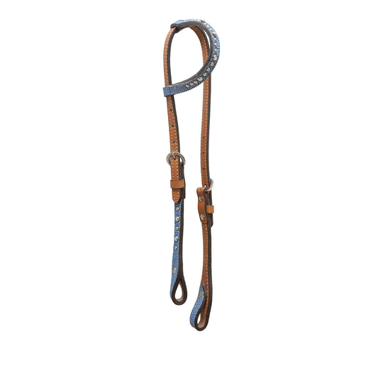 5/8" Flat one ear headstall golden leather blue shark overlay with Swarovski crystals and SS spots. 