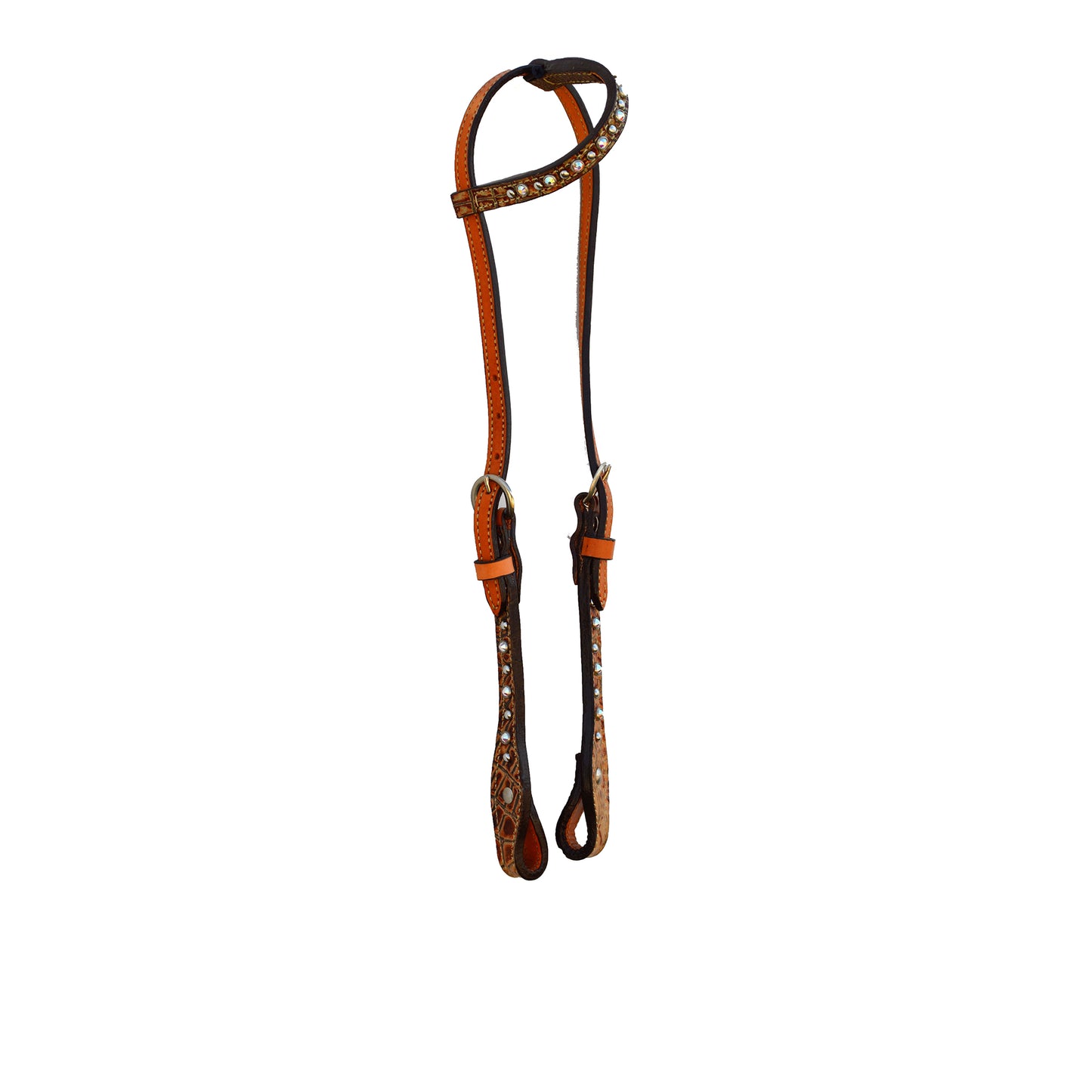 2071-JGB 5/8" flat one ear headstall golden leather brown gator overlay with crystals and spots
