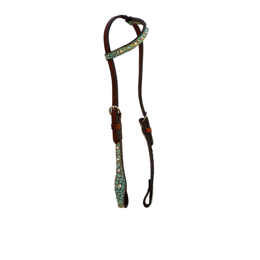 2071-JGT 5/8" flat one ear headstall toast leather brown gator overlay with crystals and spots