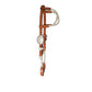 Double ear headstall golden leather with small silver ball ferrules with silver hardware.