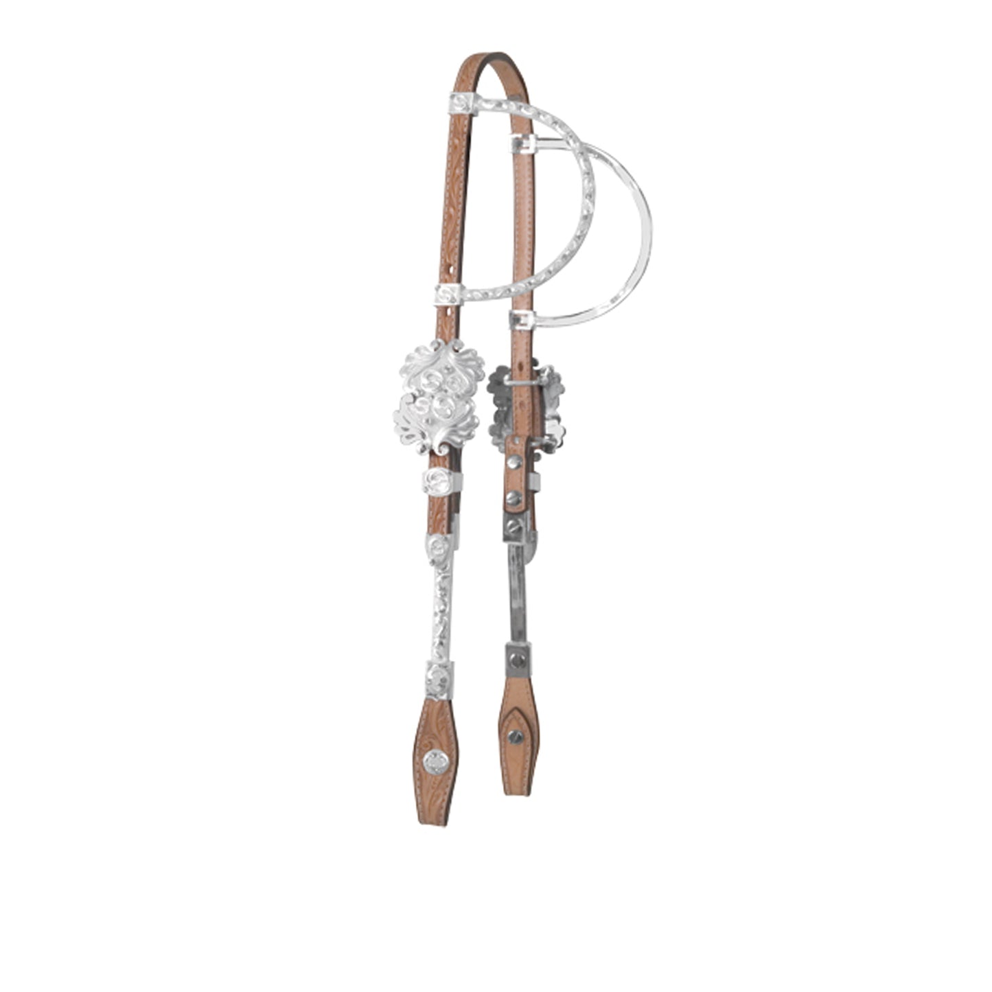 5/8" Flat double silver ear headstall golden leather floral tooled with silver tubular ears, stones, and silver hardware.
