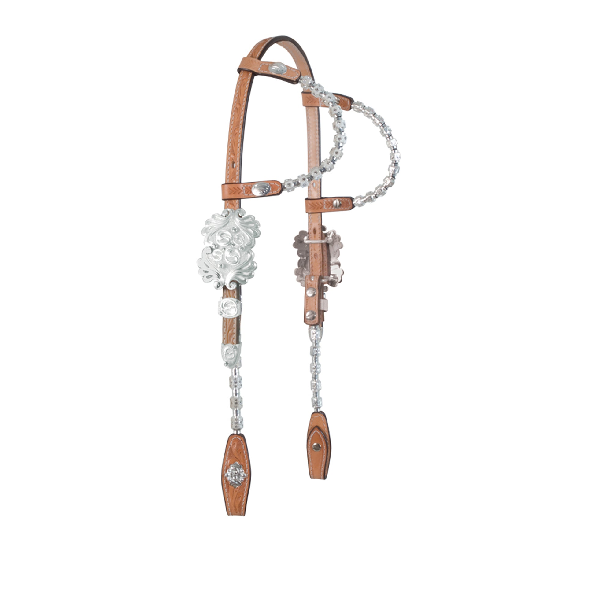 5/8" Round double silver ear headstall golden leather floral tooled with silver ice ferrules, stones, and silver hardware.