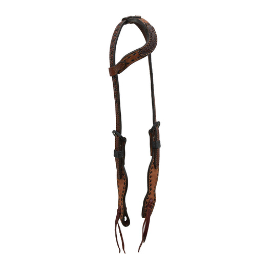 5/8" Wave one ear headstall rough out toast leather with chocolate oak lead tooled patch, black buckstitch, braided loops, and Spanish lace hardware. 