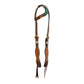 5/8" Wave one ear headstall rough out chocolate leather with turquoise oak lead tooled patch, rawhide buckstitch, braided loops, and Spanish lace hardware. 