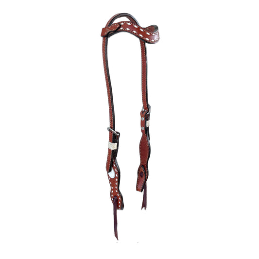 5/8" Wave one ear headstall toast leather white inlay teardrop on cheeks with white buckstitch and bread rawhide loops. 