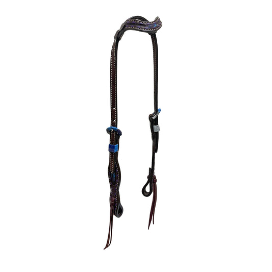 5/8" Wave one ear headstall chocolate leather multicolored feather tooled with purple buckstitch and multicolored Spanish lace hardware, and loops.