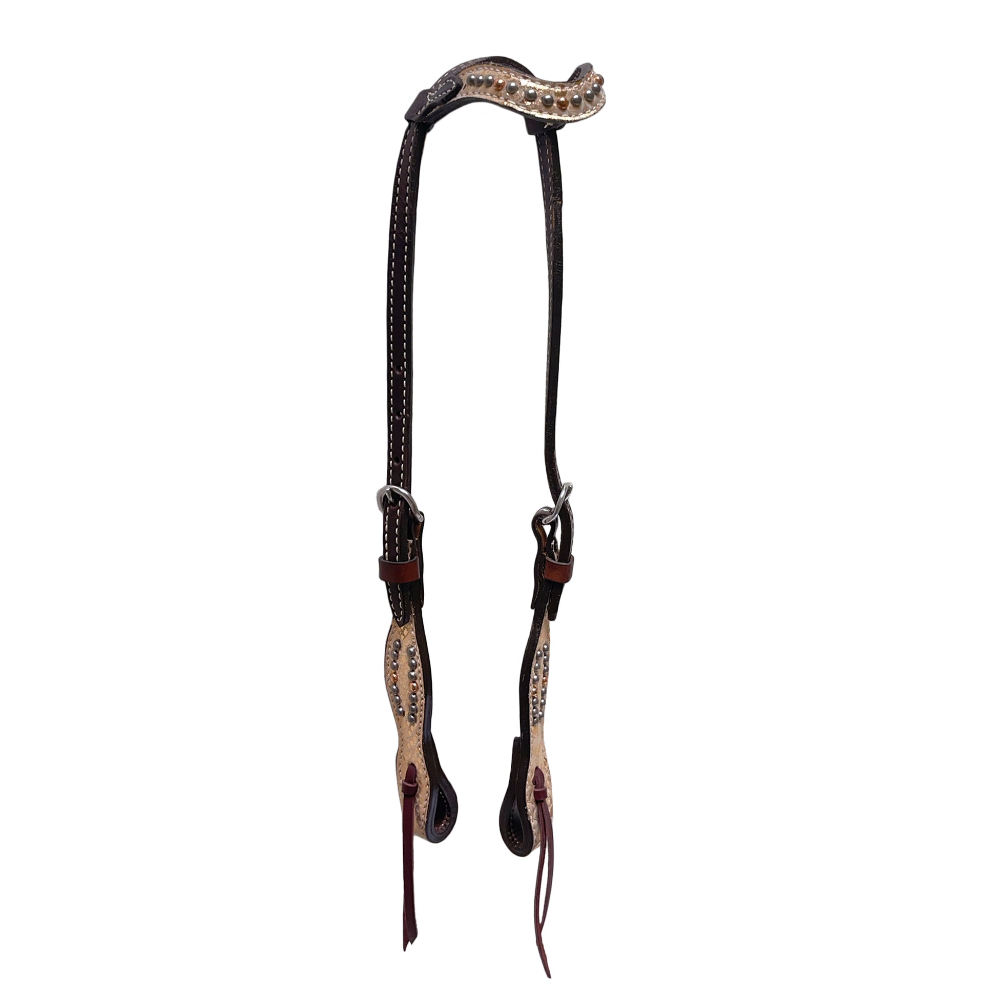 5/8" Wave one ear headstall chocolate leather mystic overlay with pewter and copper spots.