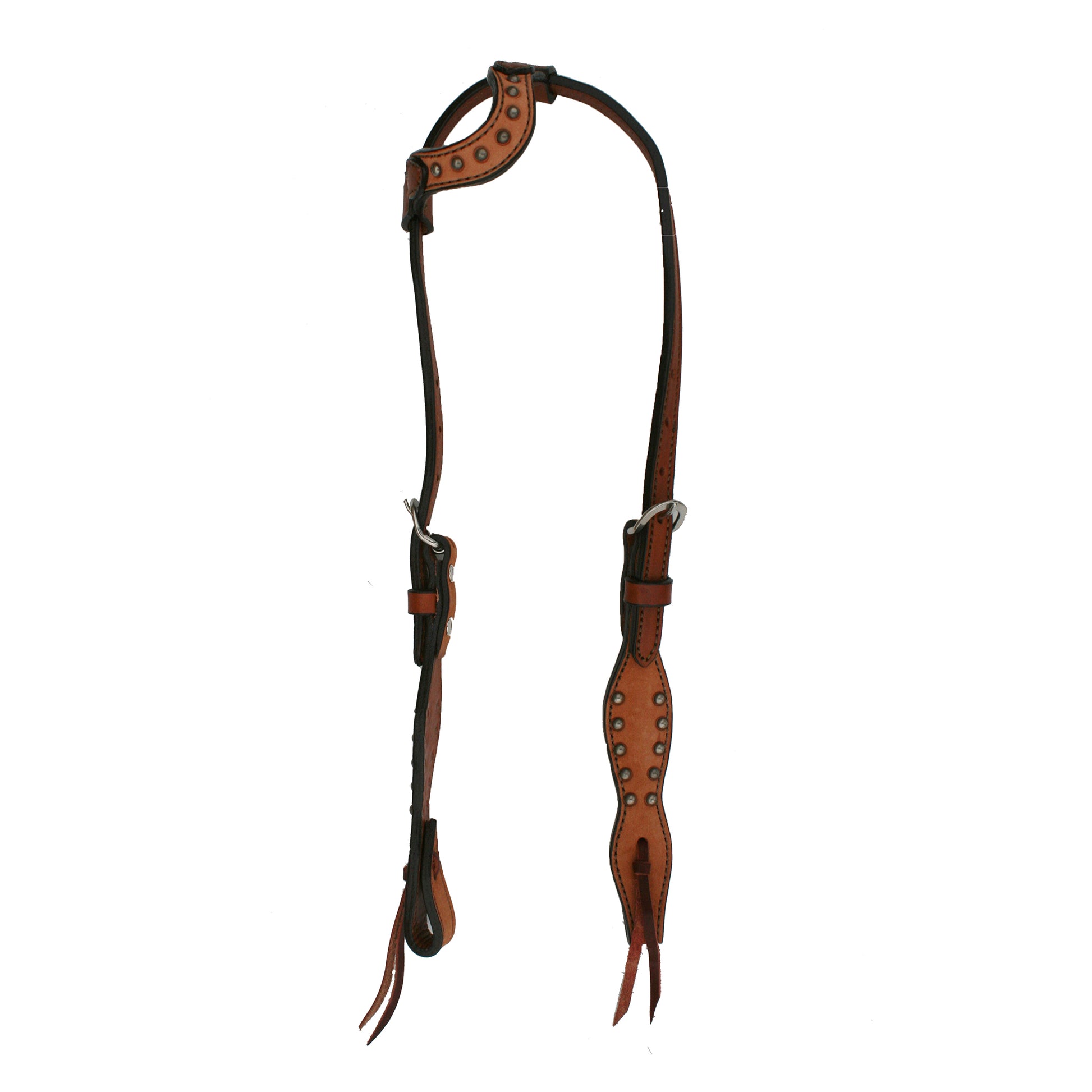 5/8" Wave one ear headstall rough out toast leather with pewter spots.